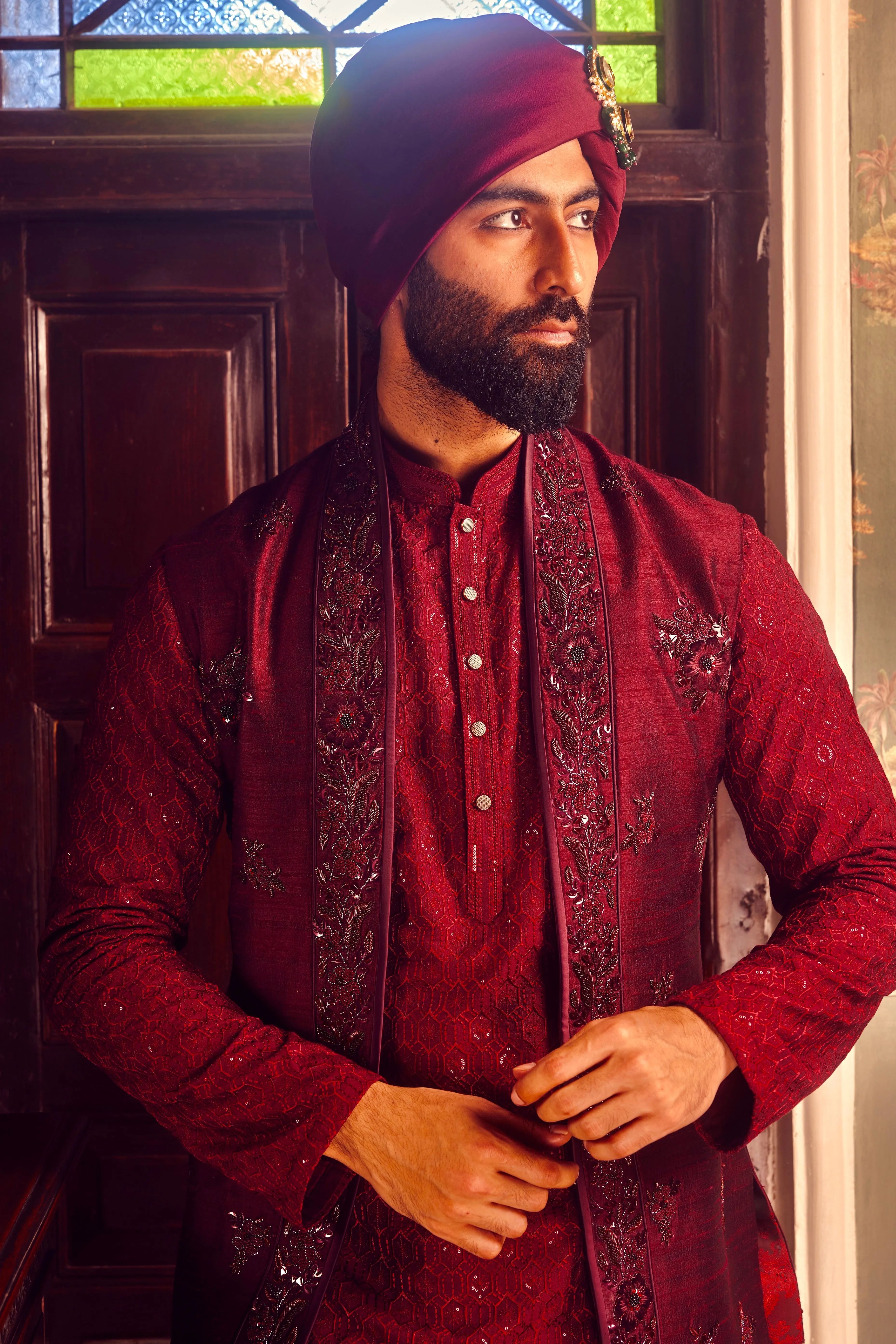 Ruby Chanderi Embroidered Open Kurta Bundi Set