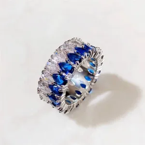 Sapphire CZ Waterdrop Crystal Double Row Eternity Ring Womens Size 8.75