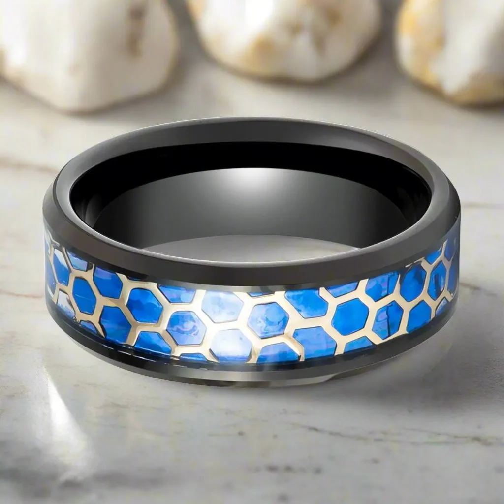 YANKTON | Black Tungsten Ring, Honeycomb Blue Opal Inlay, Beveled