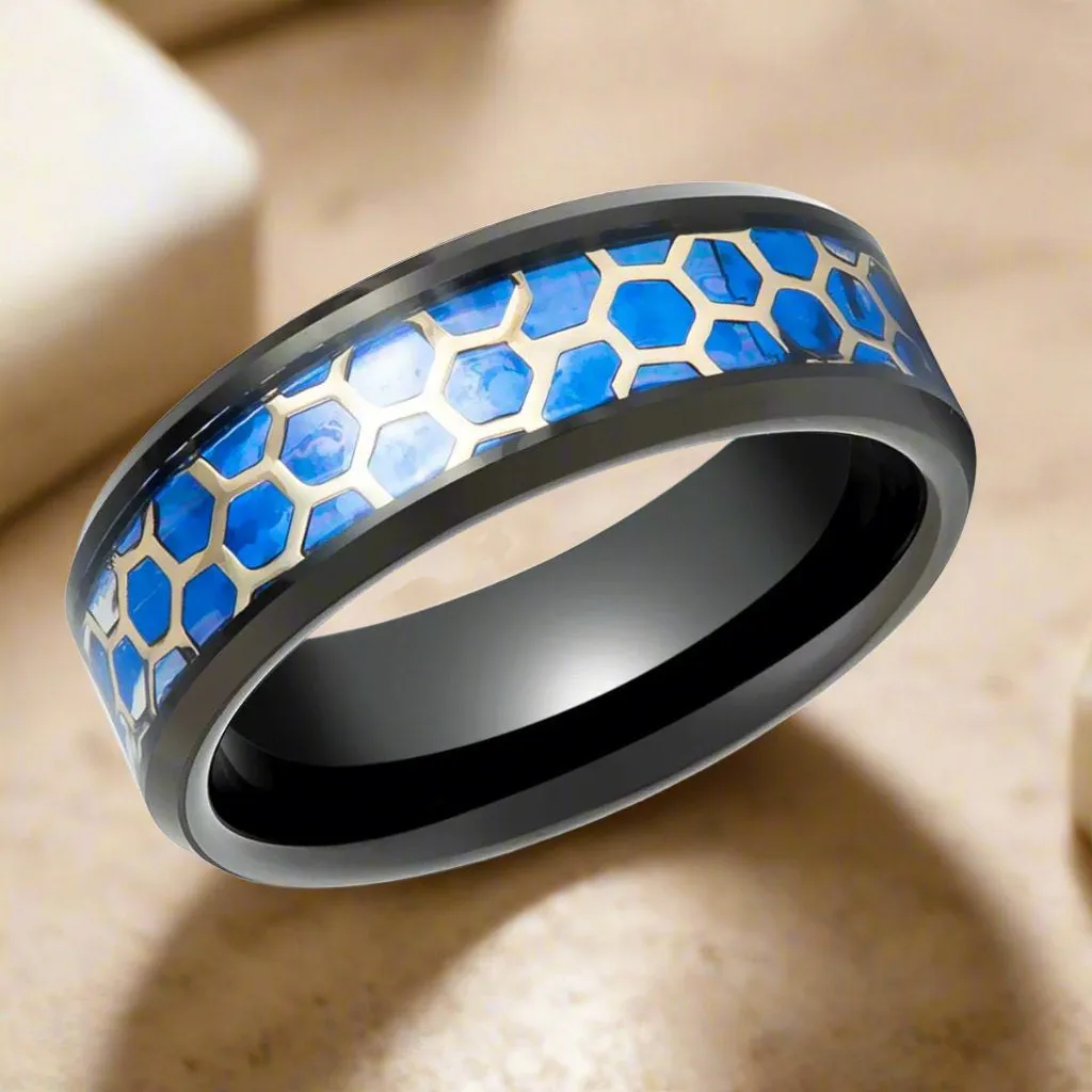 YANKTON | Black Tungsten Ring, Honeycomb Blue Opal Inlay, Beveled